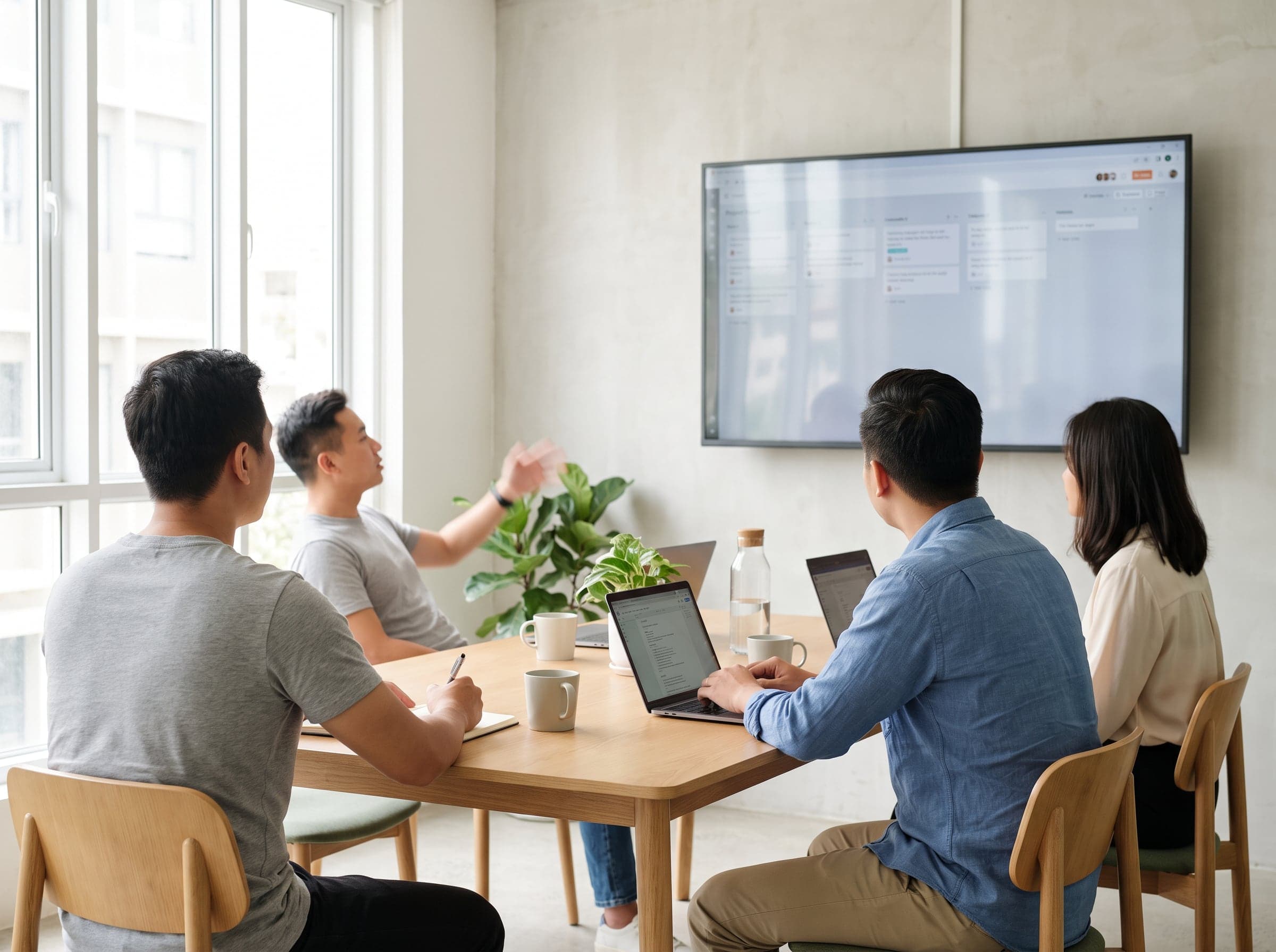 Buổi rà soát hai tuần một lần: cả nhóm cùng xem bản demo trên màn hình lớn