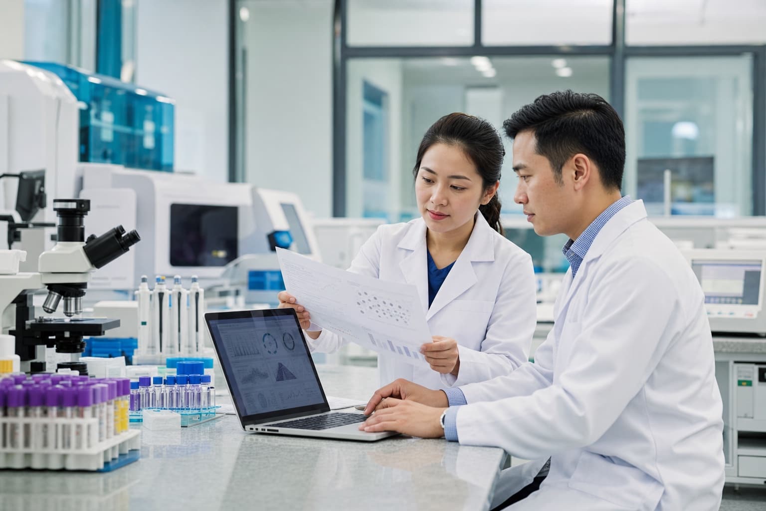 Hai chuyên gia xét nghiệm y học cùng xem dữ liệu kiểm soát chất lượng trong phòng xét nghiệm